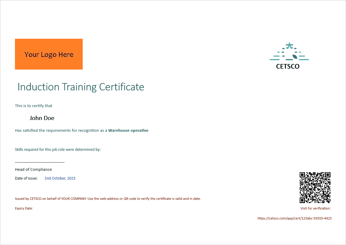A certificate with your company logo